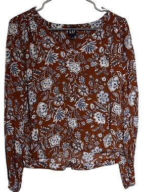 GAP Brown & Blue Floral Print Long Sleeve Blouse - Size Small (S)